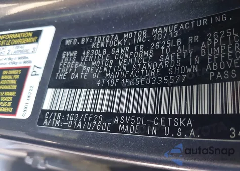 2014 Toyota Camry Se из США, поврежденный, VIN 4T1BF1FK5EU335577